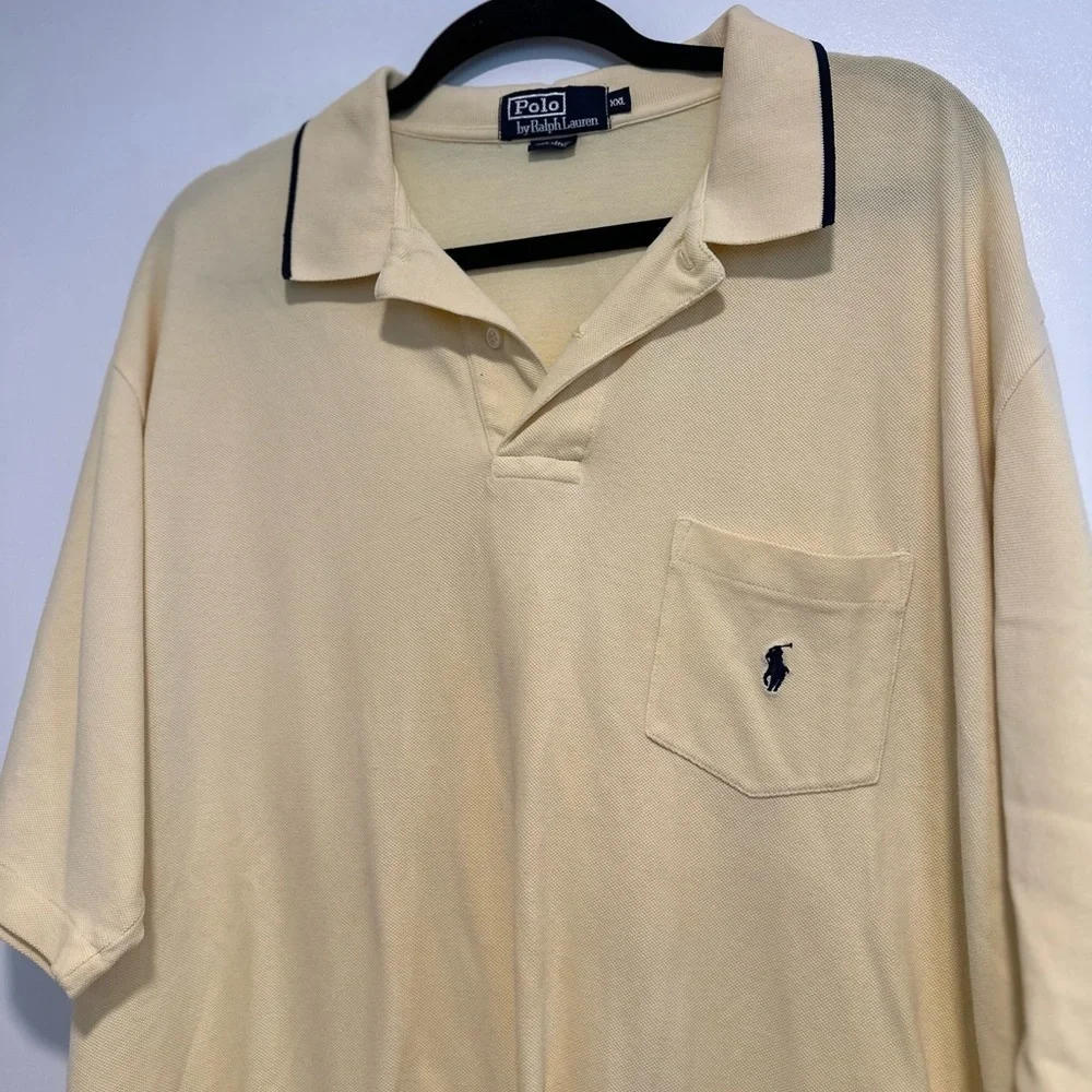 Polo Ralph Lauren Men 2XL Pale Yellow Navy Pony & Stripe On Collar. Cotton.
